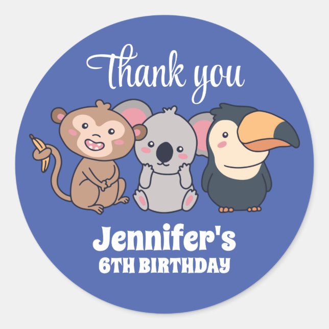 Wild Animal Monkey Koala Bird Birthday Party Classic Round Sticker (Front)