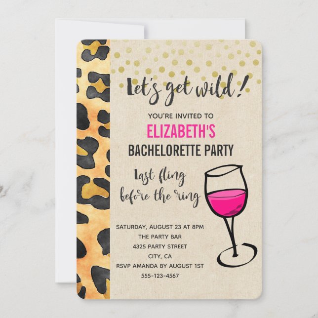 Wild Animal Print and Wine Glass Bachelorette Invitation (Front)