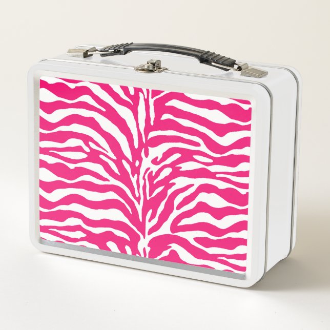 Wild Animal Print, Zebra in Fuchsia Pink and White Metal Lunch Box (Front)