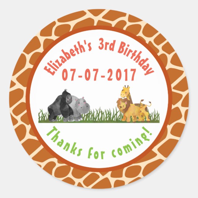Wild Animal Safari Jungle Birthday Thanks Classic Round Sticker (Front)