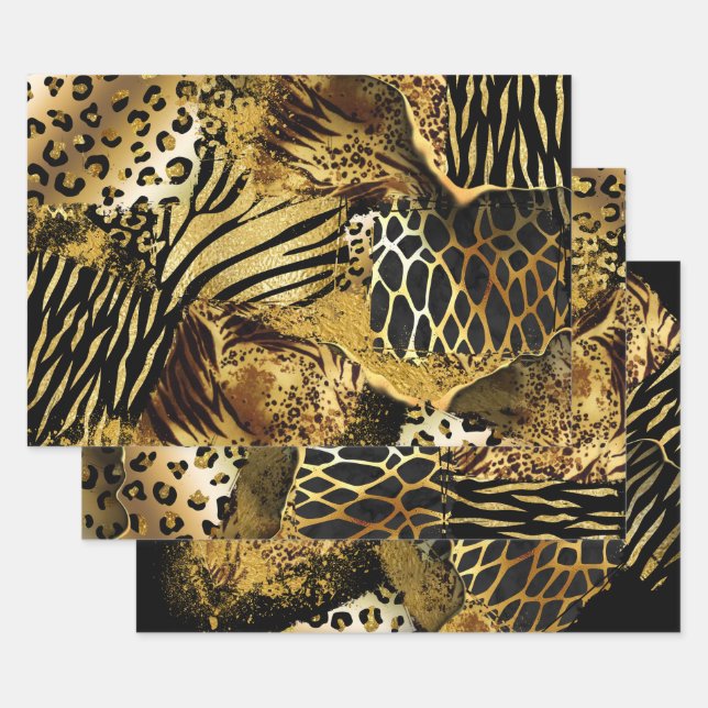 Wild animal safari skin print pattern gold black wrapping paper sheet (Set)