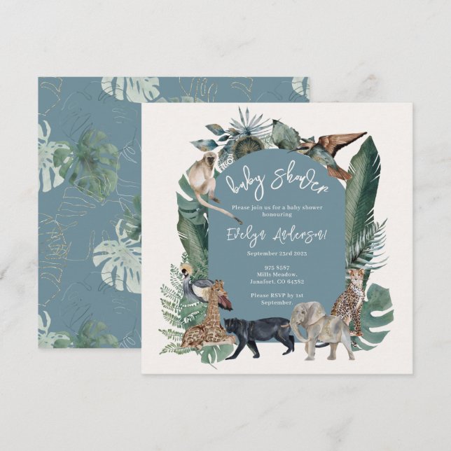Wild animal watercolor tropical blue Baby Shower Invitation (Front/Back)