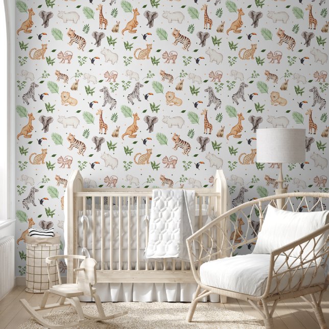 wild Animal With Jungle Tree pattern Wallpaper (Kids)