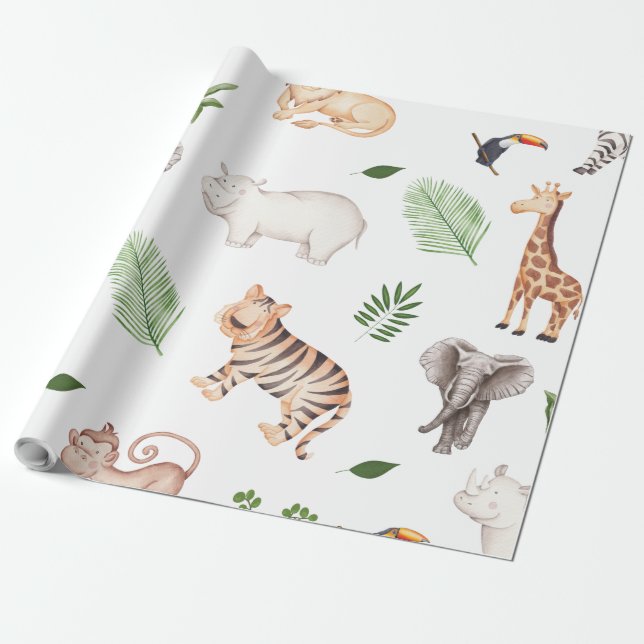 wild Animal With Jungle Tree pattern Wrapping Paper (Unrolled)
