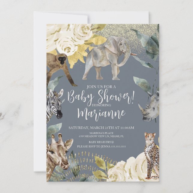Wild Animals Baby Shower Glitter Dusty Blue Invitation (Front)