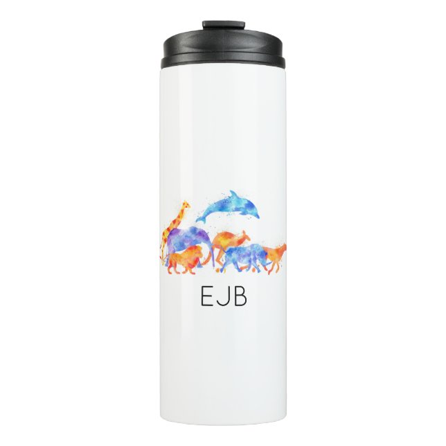 Wild Animals Colourful Watercolor Monogram Thermal Tumbler (Front)