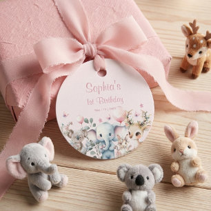 Wild Animals Cute Pink Watercolor Girl Birthday  Favour Tags