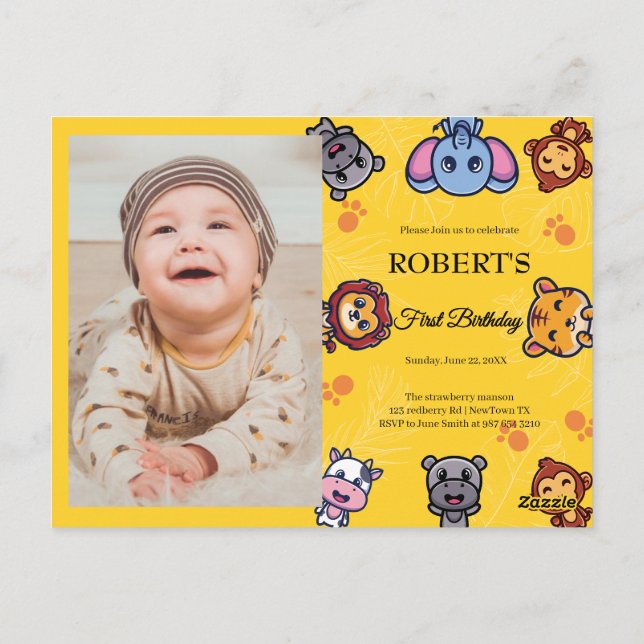 wild animals first birthday postcard (Back)