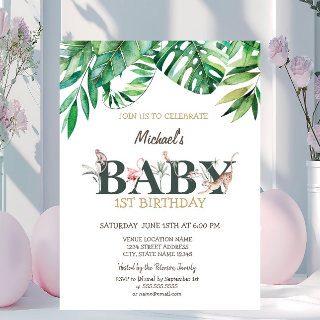 Wild Animals Greneery Leaves 1st Birthday Invitation (Creator Uploaded)