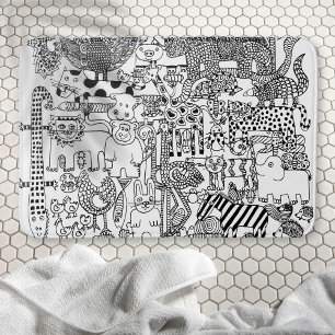 Wild Animals Hand Drawn Black and White Art Bath Mat