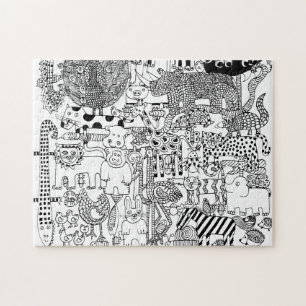 Wild Animals Hand Drawn Black and White Art  Jigsaw Puzzle
