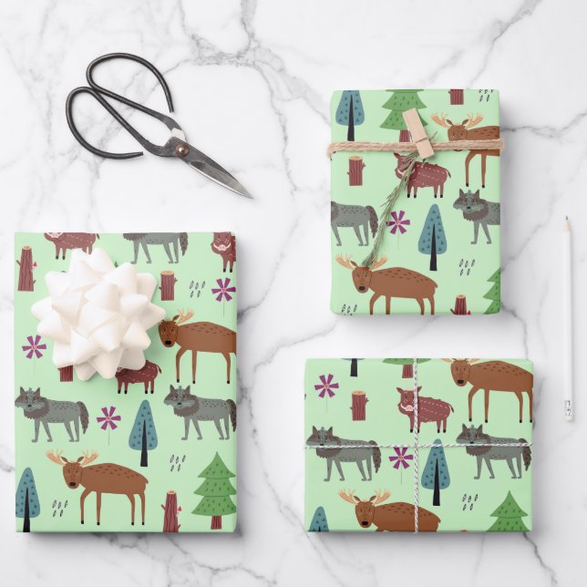 Wild Animals In The Forest Deer Boar Wolf Wrapping Paper Sheet (Front)