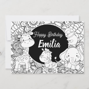 Wild Animals Kids Birthday Floral Colouring Holiday Card