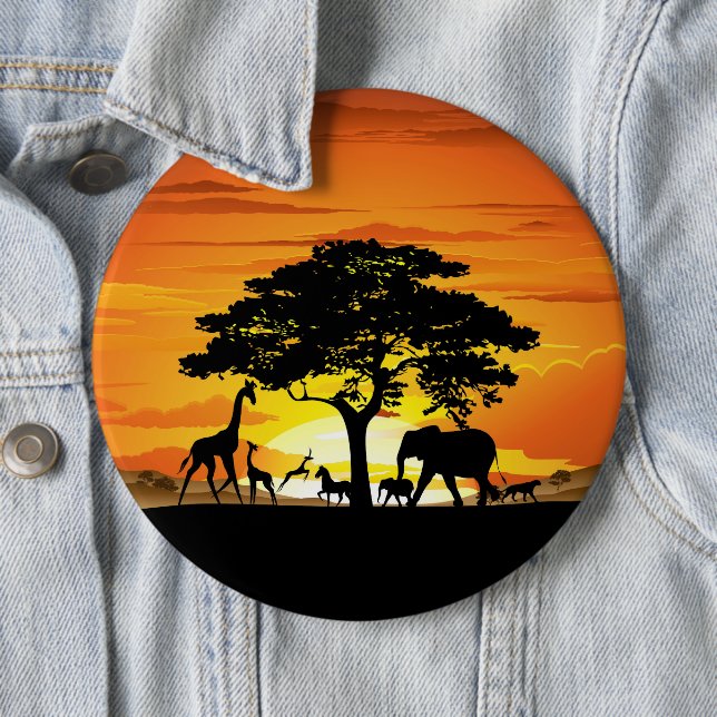 Wild Animals on African Savanna Sunset 6 Inch Round Button (In Situ)