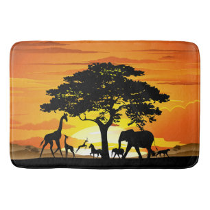 Wild Animals on African Savanna Sunset Bath Mat