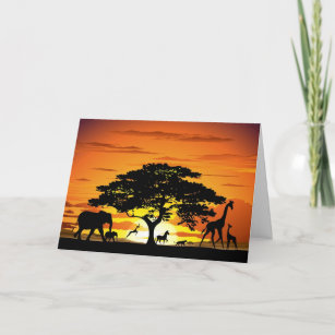 Wild Animals on African Savanna Sunset Card