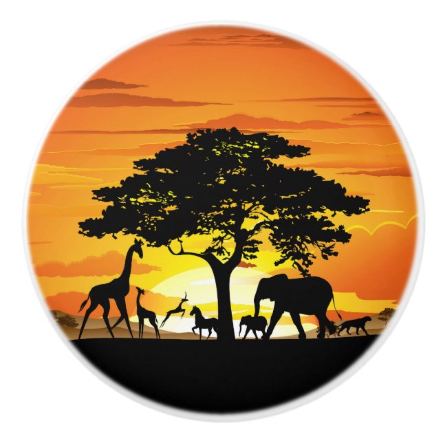 Wild Animals on African Savanna Sunset Ceramic Knob (Front)