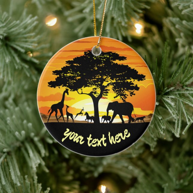 Wild Animals on African Savanna Sunset Ceramic Ornament (Tree)