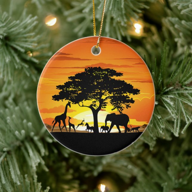 Wild Animals on African Savanna Sunset Ceramic Ornament (Tree)