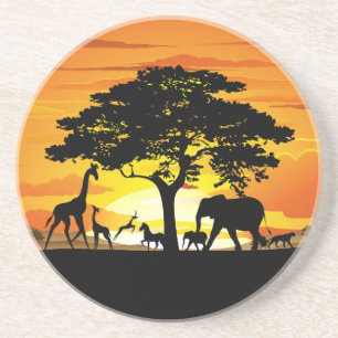 Wild Animals on African Savanna Sunset Coaster