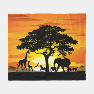 Wild Animals on African Savanna Sunset Fleece Blanket