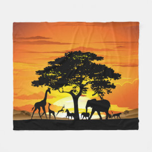Wild Animals on African Savanna Sunset Fleece Blanket