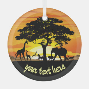 Wild Animals on African Savanna Sunset Glass Ornament