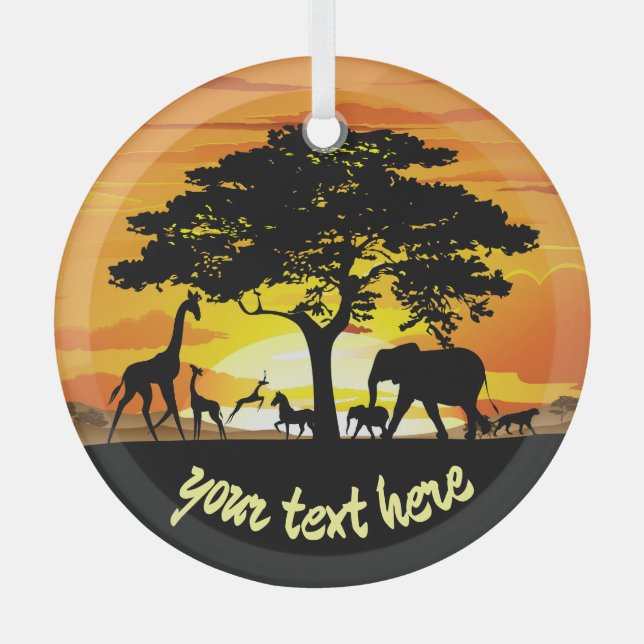 Wild Animals on African Savanna Sunset Glass Ornament (Front)