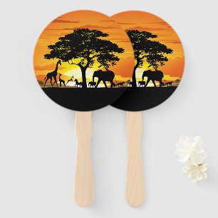 Wild Animals on African Savanna Sunset Hand Fan