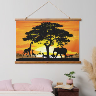 Wild Animals on African Savanna Sunset Hanging Tapestry