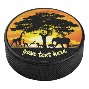 Wild Animals on African Savanna Sunset Hockey Puck