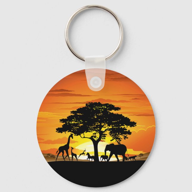Wild Animals on African Savanna Sunset Keychain (Front)