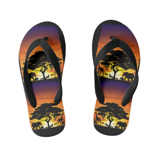 Wild Animals on African Savanna Sunset Kid's Flip Flops (Footbed)