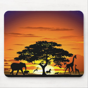 Wild Animals on African Savanna Sunset Mouse Pad
