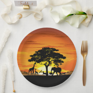 Wild Animals on African Savanna Sunset Paper Plate