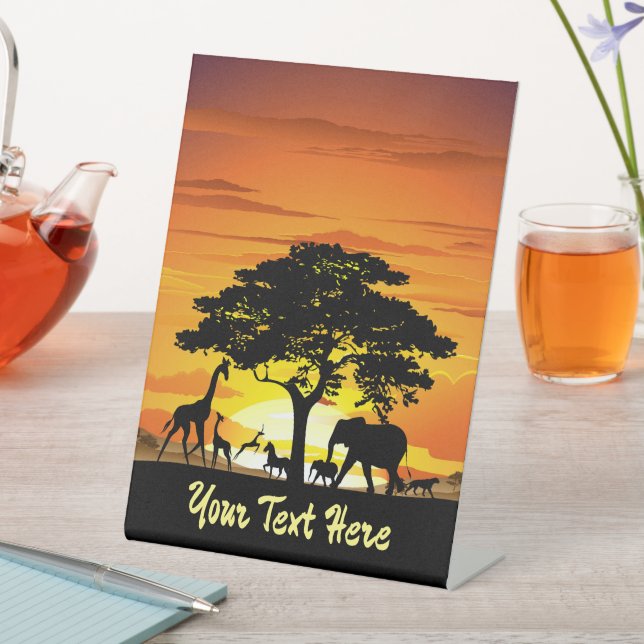 Wild Animals on African Savanna Sunset Pedestal Sign (In SItu)