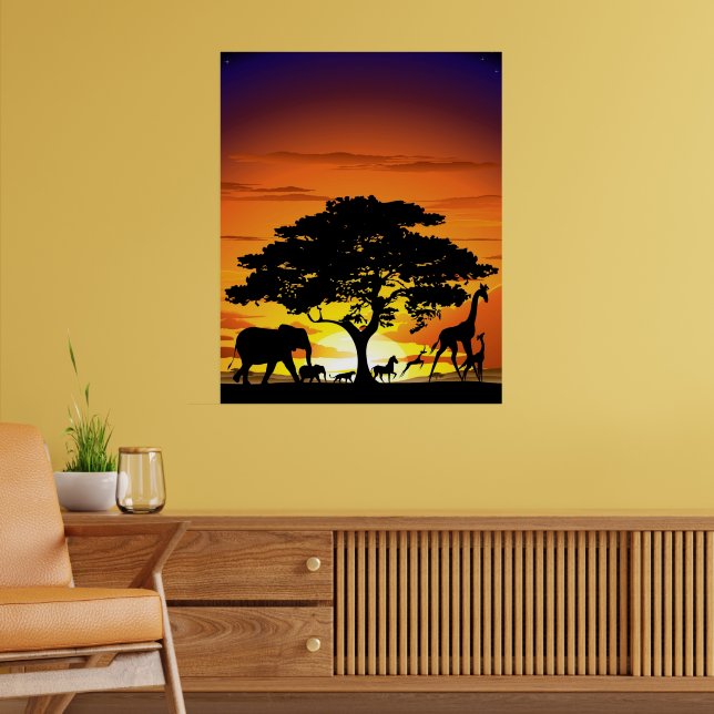 Wild Animals on African Savanna Sunset Poster (Living Room 2)