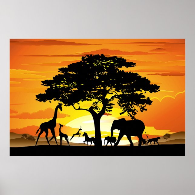 Wild Animals on African Savanna Sunset Poster (Front)