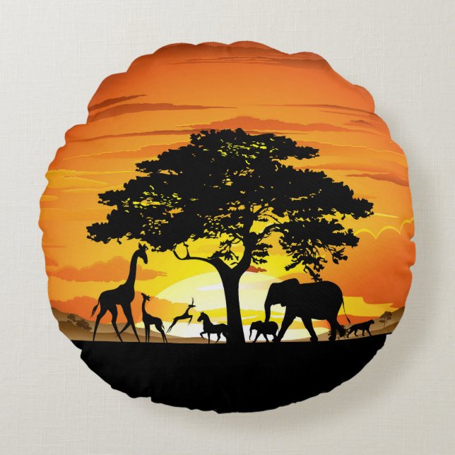 Wild Animals on African Savanna Sunset Round Pillow (Front)