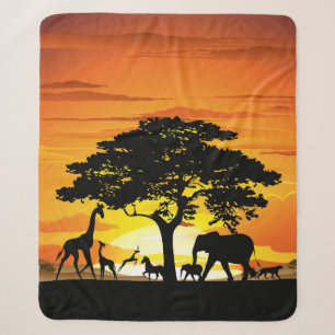 Wild Animals on African Savanna Sunset Sherpa Blanket