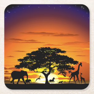 Wild Animals on African Savanna Sunset Square Paper Coaster