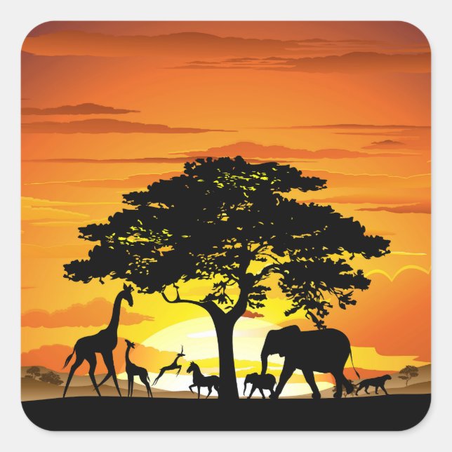 Wild Animals on African Savanna Sunset Square Sticker (Front)