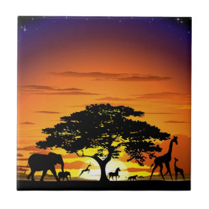Wild Animals on African Savanna Sunset Tile