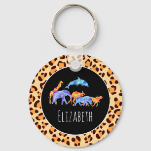 Wild Animals on an Exotic Leopard Print Pattern Keychain