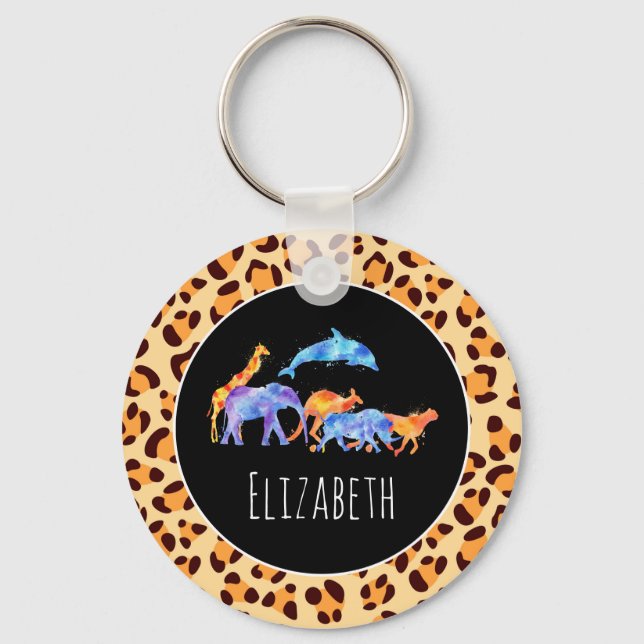 Wild Animals on an Exotic Leopard Print Pattern Keychain (Front)
