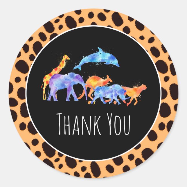 Wild Animals on Exotic Cheetah Print Thank You Classic Round Sticker (Front)