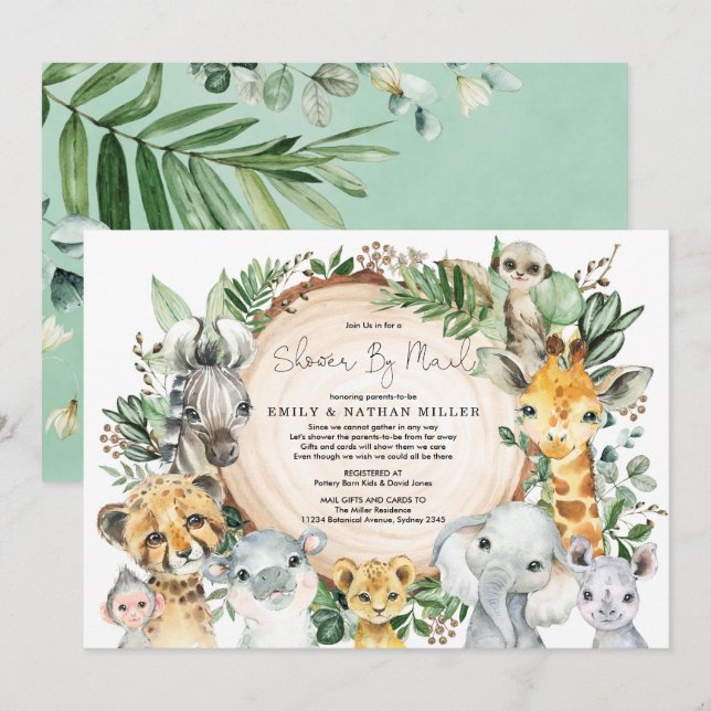 Wild Animals Safari Greenery Baby Shower By Mail Invitation (Front/Back)