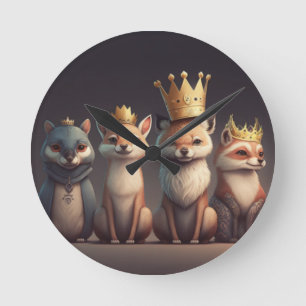 Wild animals wearing crowns round clock