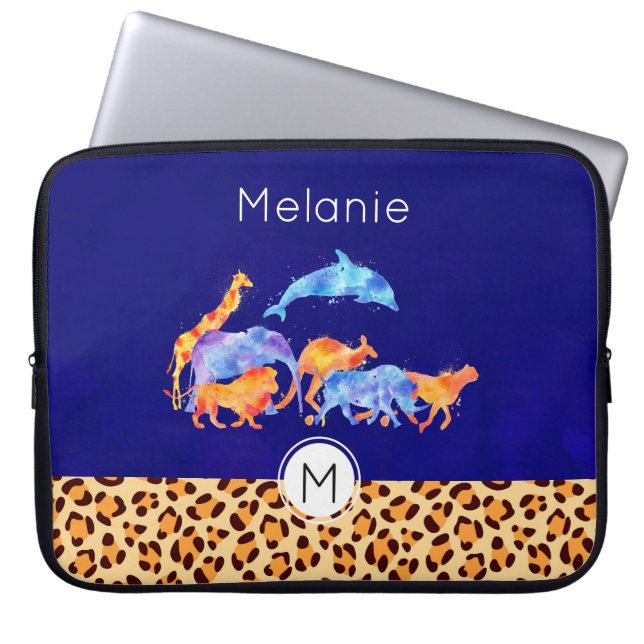 Wild Animals with a Leopard Print Border Laptop Sleeve (Front)