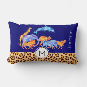 Wild Animals with a Leopard Print Border Monogram Lumbar Pillow